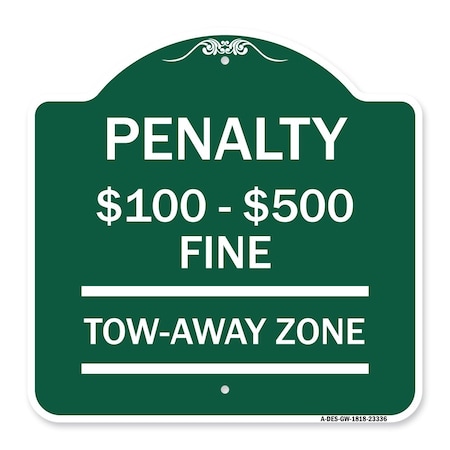 Penalty $100 $500 Fine Tow Away Zone Virginia Handicap Supplementary, Green & White Aluminum Sign